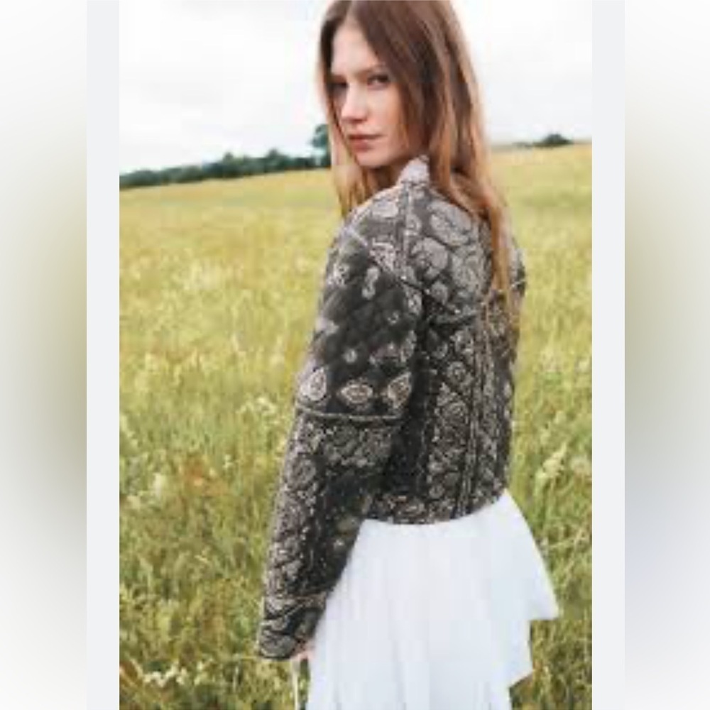 Divided Green and Cream Patterned Bomber Jacket